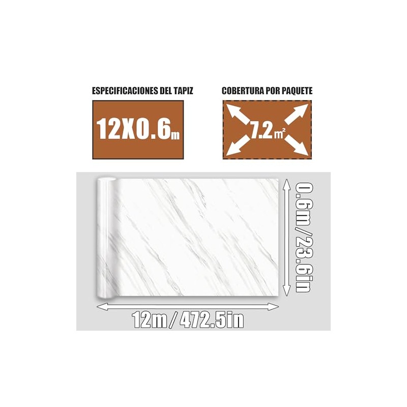 ZYJXLY 60x1200cm Papel Tapiz Autoadhesivo,Lámina autoadhesiva de mármol brillante impermeable,Vinilo