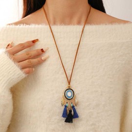 Inateannal Leather Suede Long Tassel Necklace Long Sweater Pendant Necklace Tribe Black Blue Fringe Leather Sweater Tassel Chain Gold Leaf Pendant Necklaces