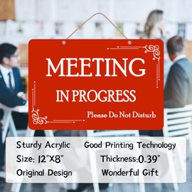 Meeting in Progress Sign,Do Not Disturb Sign,In Session Office Door,Welcome Please Knock Reversible Sign for Business Home Office Meeting, Privacy Home Door Hanger Sign（12 X 8 Inches,Acrylic)