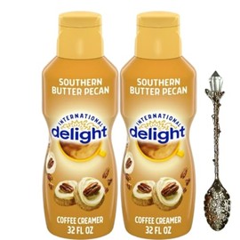 International-Delight Liquid Coffee Creamer.- Two (2) 32 fl oz Bottles of Creamy Smooth Delightful Coffee Creamer and Candy Freezer Gem Spoon (Southern Butter Pecan) Gem Spoon