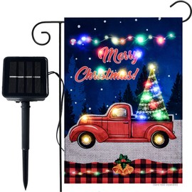 Christmas Truck Burlap Garden Flag With Lights- Solar LED Buffalo Plaid Merry Christmas Red Truck Yard Flags Banner 12x18 Double Sided for Garden Patio Lawn Outside outdoor Decoration Farmhouse