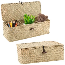 APACALI Pack of 2 Seagrass Storage Basket with Lid, Rectangular Rattan Storage Basket with Compartment, Natural Braided Baskets, Wicker Baskets for Shelves, Organisation of Natural Seagrass