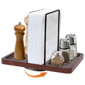 Yallmie Napkin Holder for Table, Wooden Rotating Napkin Holder with Salt and Pepper Shakers Rustic Caddy Napkin Storage for Table, Free Standing Napkin Dispenser for Table, Kitchen Countertop
