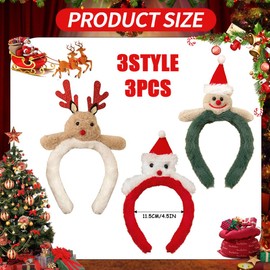 Pack of 3 Christmas Headbands, Santa Claus Gingerbread Man, Reindeer Headwear, Wide Hair Band, Plush Hair Accessories, Headbands, Decoration for Women, Girls, Christmas Party Costume Accessories