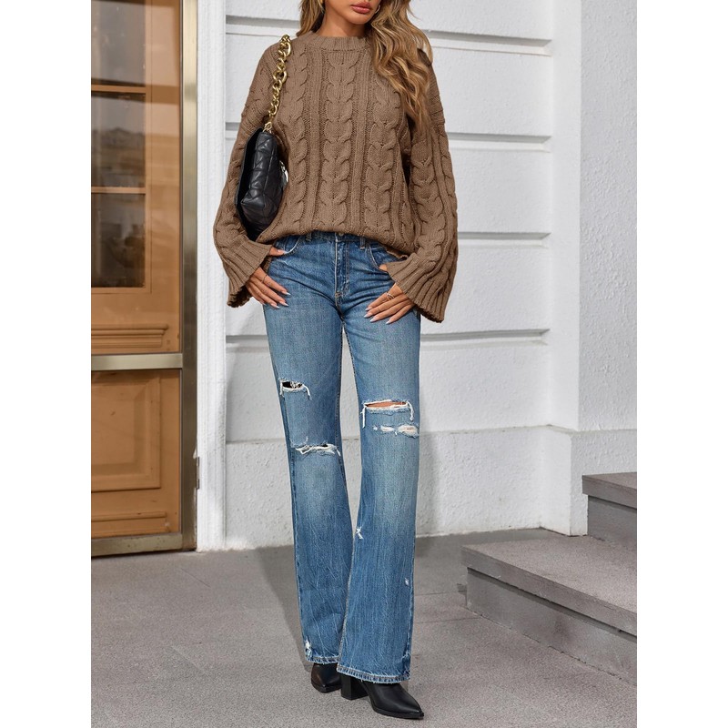 Saodimallsu Womens Oversized Sweaters Cable Knit Bell Batwing Sleeve Crew