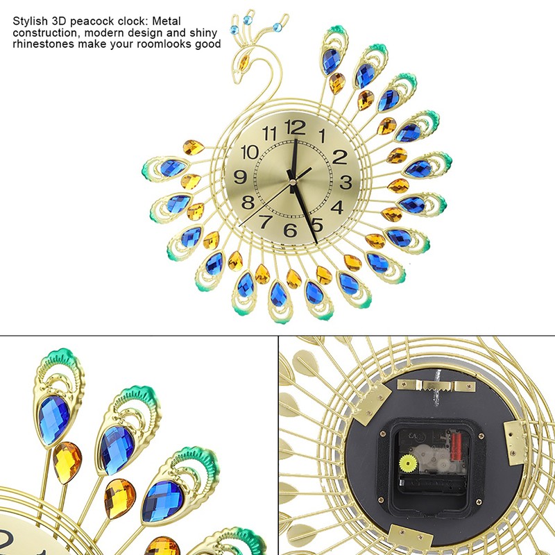 Iron Modern Wall Clock Large 3D Peacock Shape Non Ticking