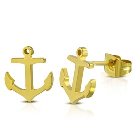 Bungsa Anchor Stud Earrings Gold – 1 Pair Stainless Steel (Earrings Anchor Marine Sailing Ear Cuffs Women Men Fashion Studs Earrings), Stainless Steel, No Gemstone