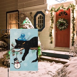 Louise Maelys Welcome Winter Garden Flag 12x18 Double Sided, Burlap Small Snow Black Cat Garden Yard House Flags for Winter Outside Outdoor Decoration (ONLY FLAG)