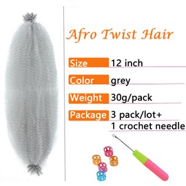 Springy Afro Twist Hair 12 Inch 3 Packs Grey Color Pre Fluffed Marley Twist Braiding Hair for Black Women (12 inch, Grey)