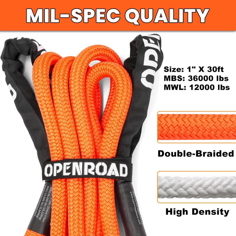 OPENROAD 1" x30ft Kinetic Recovery Rope 36,000LBS Heavy Duty Offroad
