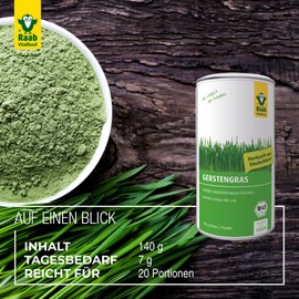 Raab Vitalfood Bio Gerstengras-Pulver (140 g), enthält natürlicherweise Folsäure und Vitamin K, ideal für Smoothies, vegan, glutenfrei