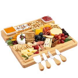 Charcuterie Boards and Knife Set - Bamboo Cheese Board - Wine Meat Cheese Tray Platter - Unique Housewarming Gifts, Anniversary Wedding Gifts for Couple, Bridal Shower Gift