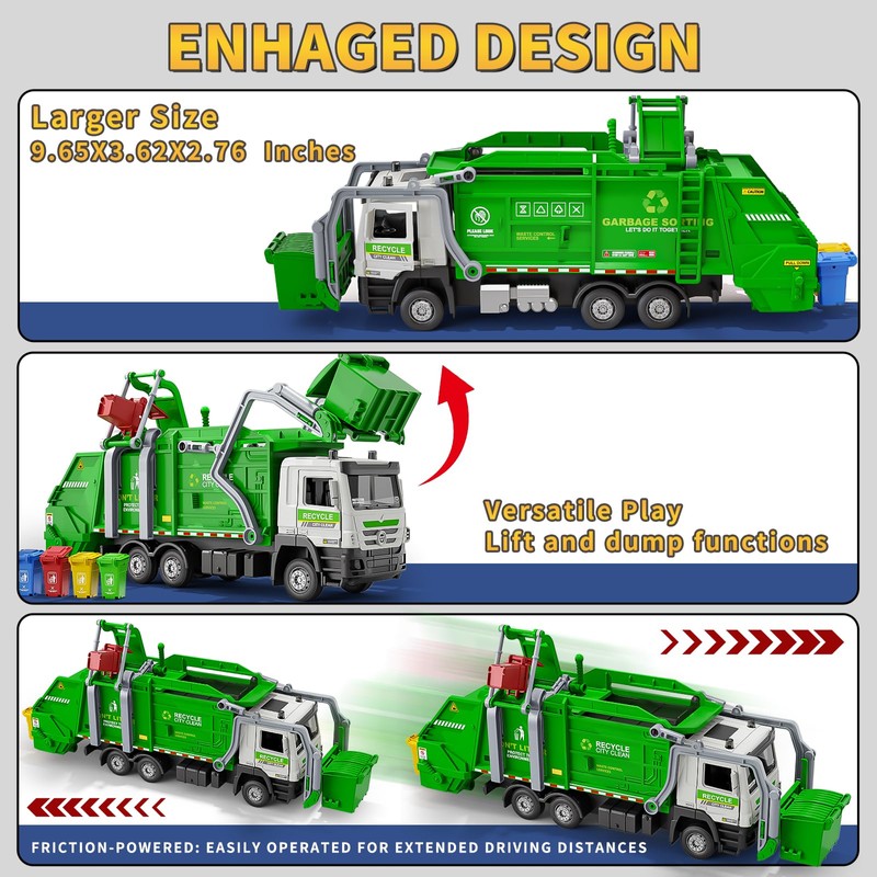 Yewkou Garbage Truck Toy, Friction Powered Recycling Vehicles with Lights
