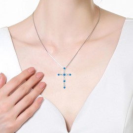 EJARY Aquamarine Cross Necklace for Women 925 Sterling Silver Christian March Birthstone Blue Topaz Cubic Zirconia Cross Pendant Necklace