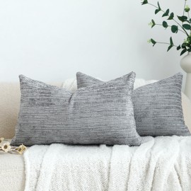 LIGICKY Light Grey Lumbar Cushion Covers Pack of 2 Neutral Soft Textured Chenille Throw Pillows Decorative Accent Solid Rectangle Cushion Cases for Couch Sofa Bed Living Room, 12x20 Inch
