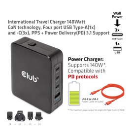 Club 3D CAC-1917 Travel Charger 140W GaN Technology, USB Type-A (1x) and Type C (3X), PPS + Power Delivery (PD) 3.1 Support