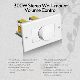 TNP Wall Mount Plate Volume Control Knob - 300W Flush in Wall Volume Control for Speakers Stereo TV - Audio and Video Compatibility Rotary Style Knob White