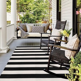 LEEVAN Black and White Outdoor Rug 4x6, Cotton Washable Outdoor Patio Rug, Black Striped Reversible Rug for Balcony Decor, Woven Entryway Rug for Layered Door Mats Porch/Front Door
