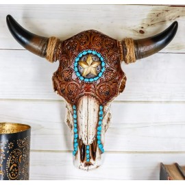 Ebros Gift Western Star Tooled Leather Steer Bison Buffalo Bull Cow Horned Skull Wall Decor