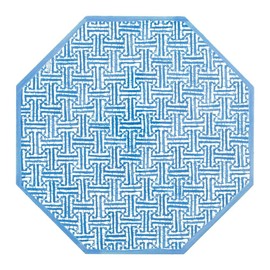 Caspari Fretwork Octagonal Lacquer Placemat in Blue – 15" Handcrafted Decorative Dining Table Mat, High-Gloss Finish, 1 Count