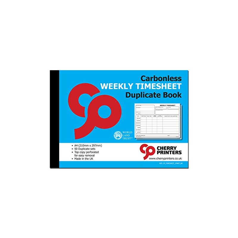 Cherry Carbonless NCR Weekly Timesheet Duplicate Book A4 50 Sets