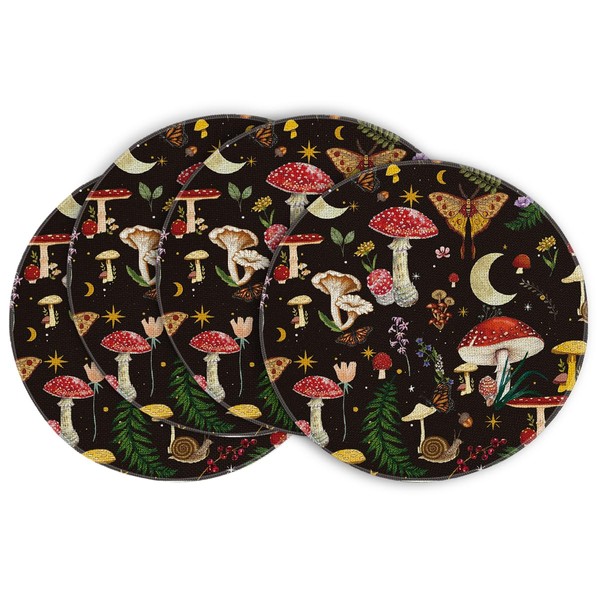 Artoid Mode Black Modern Mushroom Floral Moth Round Placemats Set