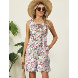 IECCP Summer Jumpsuits for Women 2025 Trendy Pleated Rompers Casual Sleeveless Overall Loose Shorts Outfits(White Pink Floral,L)