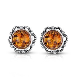 Amberta 925 Sterling Silver with Baltic Amber - Stud Round Earrings - Honey Colour