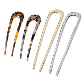 KEYRI 4 PCS French Hair Pins U-Shaped Hair Pins Delicate French Twist Pins for Variety Occasions Gold and Silver Hair Clips Dark and Light Tortoiseshell Clips for Women and Girls (Metal and Acetate)