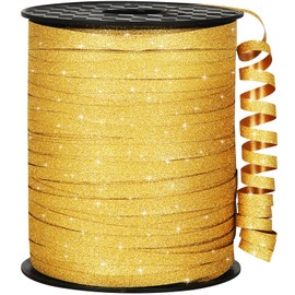 OMISELIO 500 Yards Gold Ribbon Curling Glitter, Balloon String, Shiny Metallic Curly Roll for Gift Wrapping Ribbon for Christmas, New Years, Graduations, Birthday Decoration, 3/16"