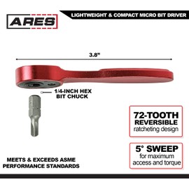 ARES 42061 – 1/4-Inch Drive 72-Tooth Anodized Aluminum Micro Ratcheting Bit Driver – 72-Tooth Fine Tooth Gear – Compact Size for Tight Spaces – Fits in Pocket