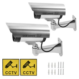 TIMESETL 2 Pack Silver Dummy Camera Waterproof Bullet Shape Fake Security Camera with Red Flashing LED + CCTV Signs + Screws