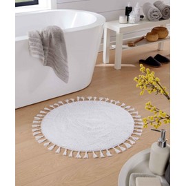 Voice7 Tasselled White Round Bath Mat 100% Cotton, Non-Slip Bath Carpet for Heated Floors, Soft Bathroom Shower Rugs, Water Absorbent Bathmats 70 x 70 cm (White)