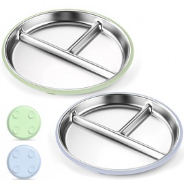 Blissleaf 2 Pcs Stainless Steel Toddler Plate with Suction,Metal Toddler Divided Plates with Removable Silicone Sleeves for Kids, Non Slip Unbreakable Baby Snack Dishes (Blue & Green)