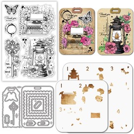 GLOBLELAND Vintage Key Stamp and Cutting Dies Set for Card Making Typewriter Stamps and Stencils Retro Lamp Layered Embossing Stencil for DIY Scrapbooking Crafts Album Accessories
