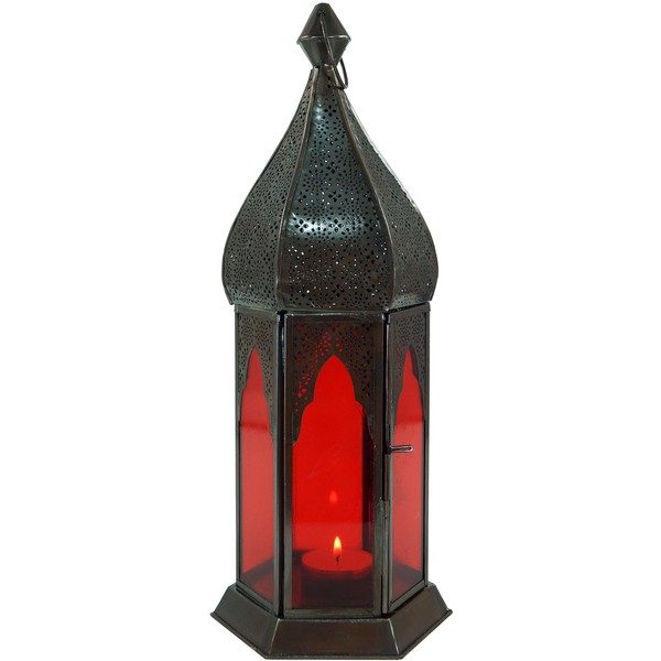 GURU SHOP Oriental Metal/Glass Lantern in Moroccan Design, Red, Colour: