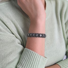 Silverly Women's 925 Sterling Silver Oxidized Vintage Art Deco Style Floral Geometric Bracelet,19 cm