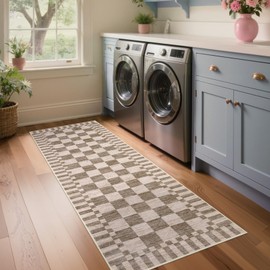 GarveeHome 2×6 Kitchen Runner Rug Non Slip Brown Checkered Rug,Washable Runner Rug for Hallway Soft Low-Pile Geometric Tan Brown Print Checkerboard Rugs for Entryway Kitchen Dining Room