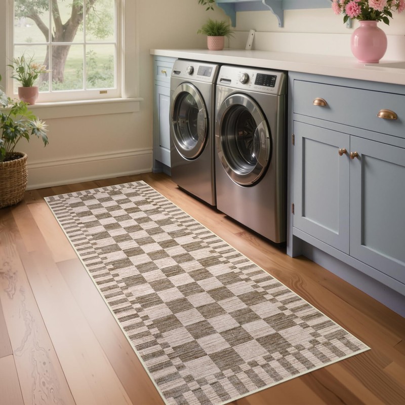 GarveeHome 2×6 Kitchen Runner Rug Non Slip Brown Checkered Rug,Washable