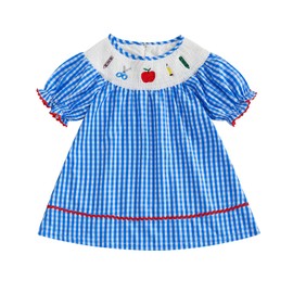 Toddler Baby Girl Back to School Outfit First Day of School Pre K Plaid Short Sleeve Smocked Dress Summer Clothes (Blue, 2-3 Years)