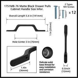 Goo-Ki 6 Pack 3"(76mm) c-c Matte Black Kitchen Drawer Pulls -Modern Black Cabinet Pull Dresser Handle Hardware for Bar Cupboard Closet Wardrobe, 1751MB-76