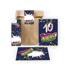 12 Invitation Cards for 10th Children's Birthday Party Invitation Set Birthday Girls Children Boys Boys Gift Bag Including 12 Envelopes, 12 Bags, 12 Stickers Graffiti Youth Still Modern Colourful Neon