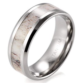 SHARDON Men's 8mm Beveled Edge Titanium Wedding Ring with Real Deer Antler Inlay Size 10.5