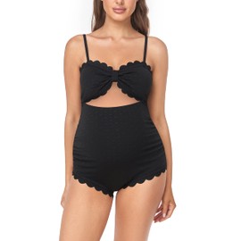 EastElegant Maternity One Piece Swimwear Back Cutout Pregnancy Bikini Scalloped Pregnant Bathing Suit, Black, Large