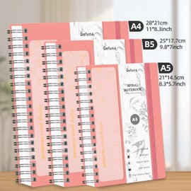 Qefuna Notebook A5 Dotted, Bullet Dot Journal, 300 Pages Spiral Notebook, 100 g/m² Ink-proof Paper, PVC Hardcover, with Ruler, Expandable Pockets, Elastic Band, 14.5 x 21 cm, Pink