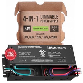 SELECT Lighting 60W 24V Dimmable Driver, 4-in-1 (ELV, MLV, 0-10V, TRIAC), IP65 Waterproof, Class 2 for LED Tape Installation, Adaptive Dimming for Architectural, Hospitality & Retail
