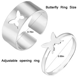 2 PCS Butterfly Rings for Couples Matching Friendship Butterfly Ring Promise Couple Ring Set (Silver Butterfly Ring-2)