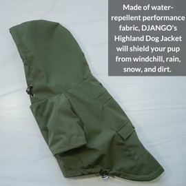DJANGO Highland Dog Jacket - Waterproof Dog Coat with Hood - Adjustable Lightweight Olive Jacket for Small Dogs and Medium Dogs with Harness Hole, Cozy Lining and Back Pocket (Large, Olive)