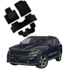 ecoMats Carpet Floor Mats Custom Fit for 2021 to 2025 Kia Sorento with Driver Heel Pad and Safety Locks, Complete 3-Row Set, Black, (Not for Hybrid Models)