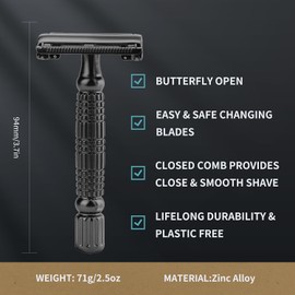 Butterfly Double Edge Safety Razor – Reusable Stainless Steel Wet Shaving Razor with 10 Swedish Platinum Blades for Men and Women, Ideal for Bikini and Armpit Hair, Matte Gunmetal Black (Model GR179)